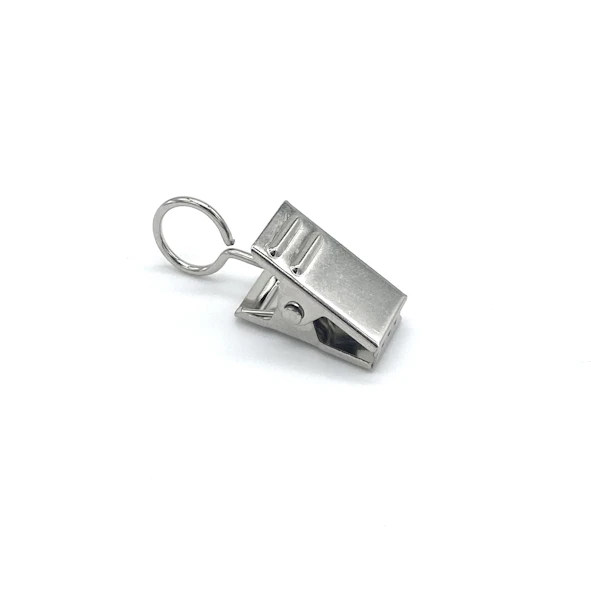 Gardinenklammer mit Öse 18 mm lang, 9 mm breit, Öse-ø: 8 mm, Gesamtlänge: 32 mm, vernickelt