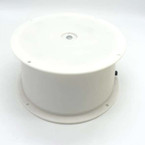 Batteriedrehbühne 4 kg Tragkraft weißes Kunststoffgehäuse, mit Bodenplatte mit Befestigungslöchern, Betrieb mit 1 bzw. 2 Monozellen R20 1,5V, mit An-/Ausschalter am Gehäuse Gehäusedurchmesser: 150 mm Gesamthöhe: 65 mm Drehzahlt: 1,7 U/Min. (rechtsdrehend