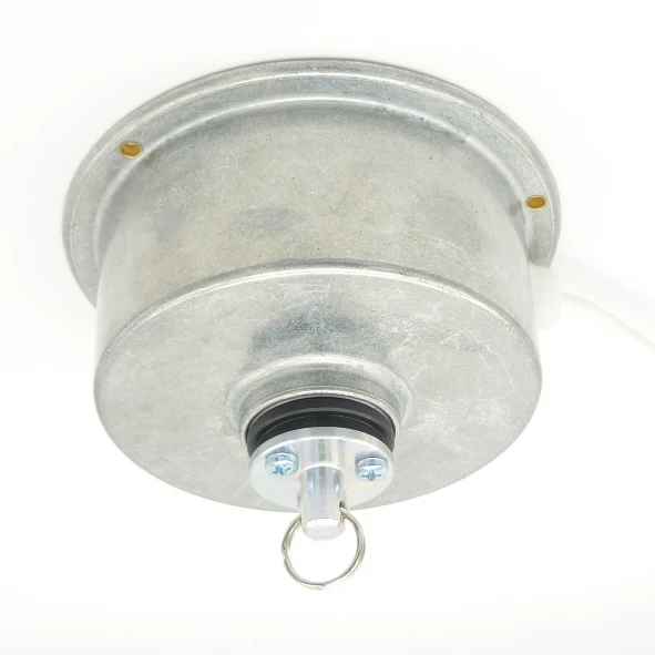 Hängedrehbühne 5 kg Tragkraft zur Deckenbefestigung, Achse mit Einhängloch und Ring, verzinktes Gehäuse, Gehäusedurchmesser: 130 mm Gesamthöhe: 85 mm Drehzahl: 2,5 U/Min. (linksdrehend) Betriebsspannung: 220 – 240 V