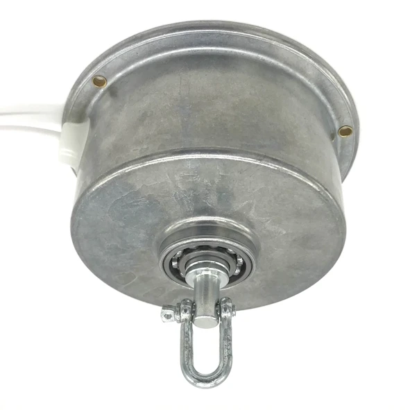 Hängedrehbühne 20 kg Tragkraft zur Deckenbefestigung, Hängeachse mit Schäkel, verzinktes Gehäuse, Gehäusedurchmesser: 130 mm Gesamhöhe: 107 mm (inkl. Schäkel) Drehzahl: 2,5 U/Min. (linksdrehend) Betriebsspannung: 220 – 240 V